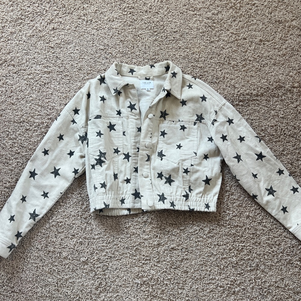 Cropped Cream Corduroy Jacket with Stars - Size Medium
